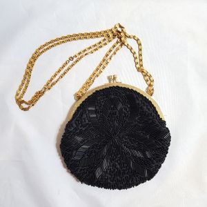 Vintage Round Black & Gold Beaded Clutch Purse